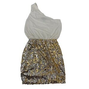 Way-In Clothing Co One Shoulder Sequin Mini Dress Gold Silver White Med Coctail